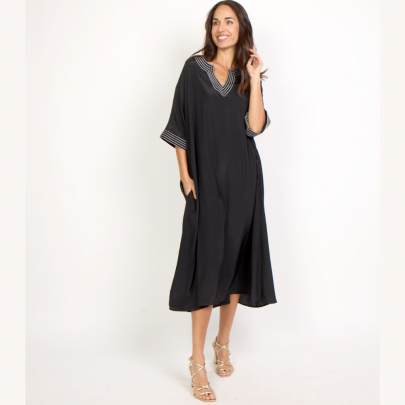 Long V Neck Embroidered Kaftan with Sleeve Detailing 