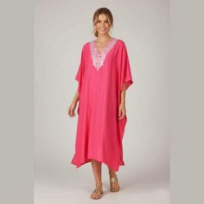 Coral Pink Embroidered Polyester Kaftan Dress     One Size Fits All