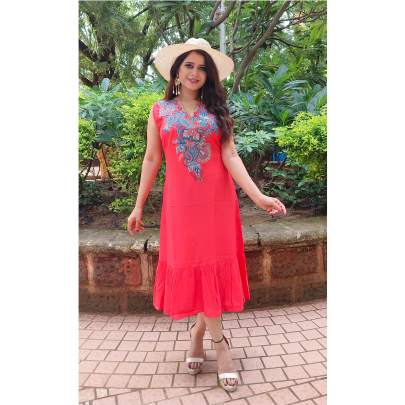 Coral Red Embroidered Dress for Women     Size XL