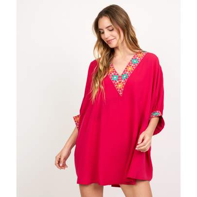 Fuchsia Flair Embroidery V Neck Short Kaftan