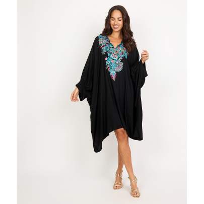 Bold Black Floral Embroidery Kaftan