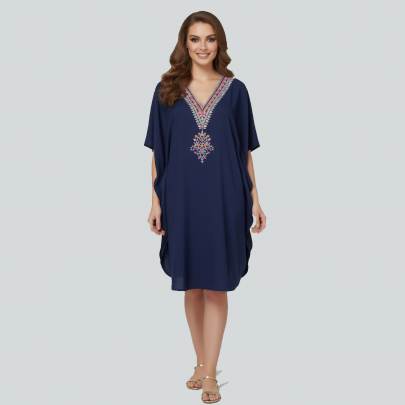 Navy Blue Embroidered Crepe Silk Kaftan Dress Free Size     Elegant Beach   Resort Wear for Women   Sun Rose Fashions