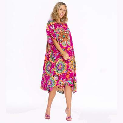 Pink Mandala Floral Print Polyester Kaftan Dress – One Size Fits All