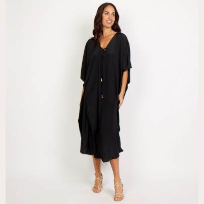 Rayon Black Long Kaftan with V Neck Lace Up 