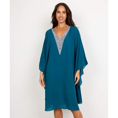 Teal Blue V Neck Embroidery Kaftan