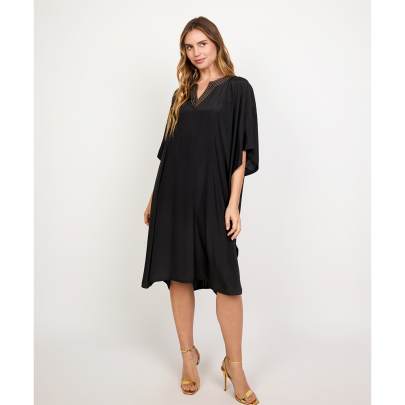 Thread Work Neck Black Kaftan