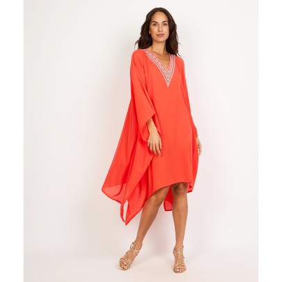Fiery Orange V Neck Embroidery Kaftan