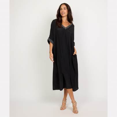 Long V Neck Embroidered Kaftan with Sleeve Detailing