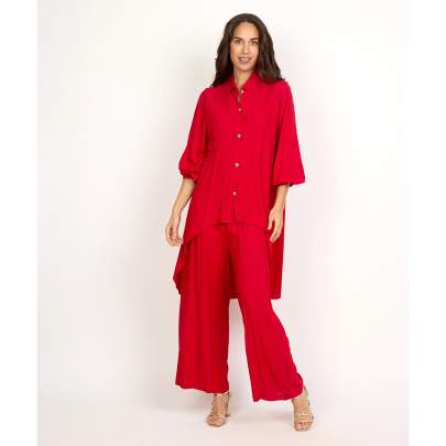 Rayon Asymmetrical Kurta Pant Set Red