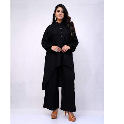 Rayon Asymmetrical Kurta Pant Set Black