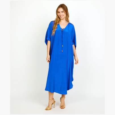 Rayon Long Kaftan with V Neck Lace Up 