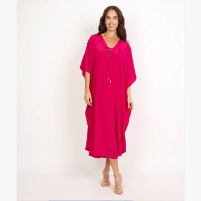 Rayon Long Kaftan with V Neck Lace Up 