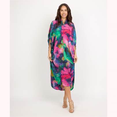 Tie Dye Printed Button Down Collar Neck Long Dress